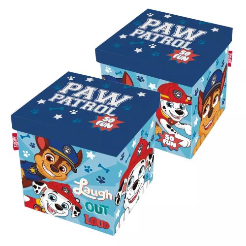 Két kék Mancs Őrjárat Laugh játéktároló doboz, 30x30x30 cm méretben, Chase, Marshall és más karakterekkel, 'Paw Patrol So Fun' és 'Laugh Out Loud' feliratokkal. - Játéktároló