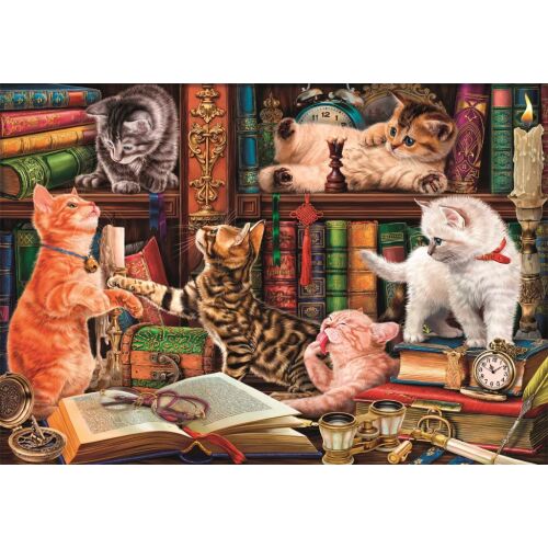 Clementoni Cicás Curious Whiskers 1000 db-os kompakt puzzle, részletes illusztrációval macskákról egy könyvtári környezetben, puzzle rajongóknak és macskaimádóknak. 