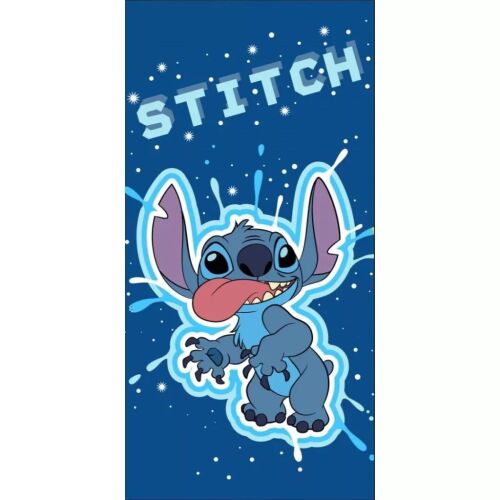 Disney Lilo és Stitch A csillagkutya Galaxy gyorsan száradó fürdőlepedő, melyen Stitch látható kék háttéren, vízcseppekkel és a 'STITCH' felirattal felül - Baba törölköző és fürdőlepedő