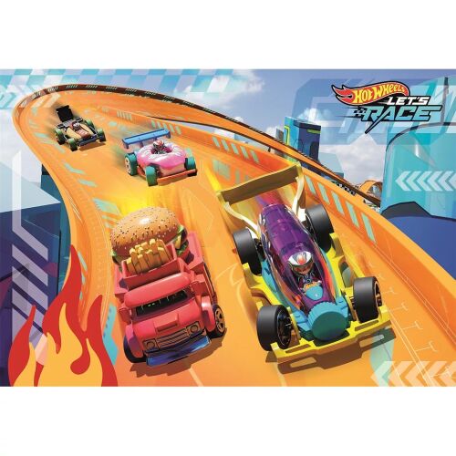 Hot Wheels Tűz Pálya maxi puzzle több versenyautóval narancssárga pályán, dinamikus akciót ábrázolva - Puzzle