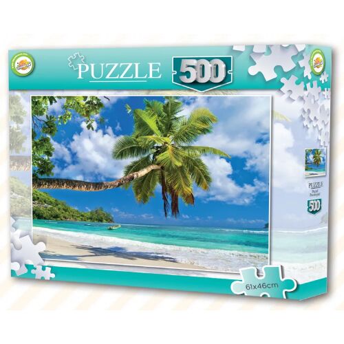 Seychelles Tengerpart Palm tree 500 db-os puzzle doboz, gyönyörű trópusi tengerparti jelenettel, pálmafával, tiszta kék vízzel és fehér homokkal, termék csomagolása - Puzzle és kirakó