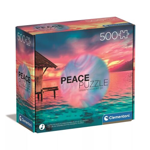 Naplemente Paradise Clementoni 500 darabos Peace puzzle doboz, rajta a naplementés és cölöpházas grafikával, 'Peace Puzzle' szöveggel és Clementoni logóval - Játék
