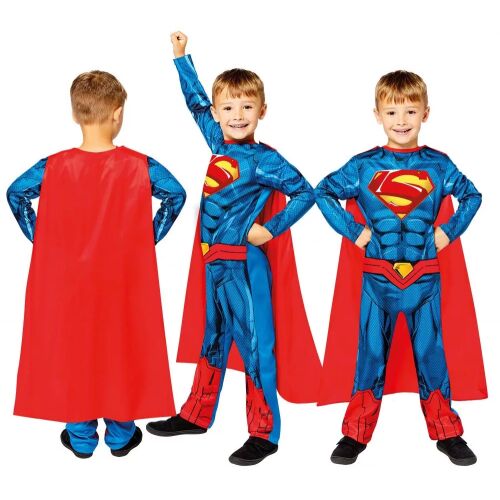 Superman Sky Defender jelmez fiúknak 10-12 éveseknek, elöl, oldalról és hátulról ábrázolva egy gyereket a kék-piros szuperhős overálban, piros köpennyel. - Szerepjáték