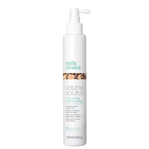 Milk_Shake Volume Solution Volumizing Styling Spray 175 ml, fehér flakon zöld és barna címkével a dús hajért - Hajformázó szer