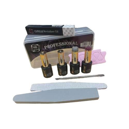 Meteor 10 részes gél lakk kezdőkészlet, tartalmaz alapzselét, fedőzselét, két színű gél lakkot, kutikula olajat, kutikula tolót, két lábujj szétválasztót, két reszelőt