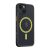 Tactical MagForce Hyperstealth 2.0 iPhone 13 fekete/sárga tok, szögletes nézet, MagSafe kör és vonal látható áttetsző fekete hátlapon sárga kiemelésekkel és Tactical márkajelzéssel az oldalán, Apple iPhone 13-hoz