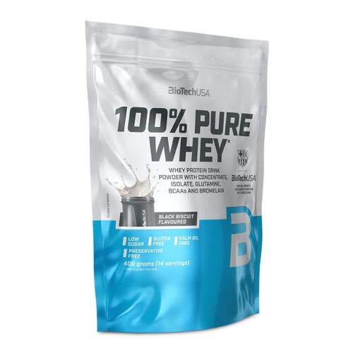 BioTechUSA 100% Pure Whey tejsavó fehérjepor fekete keksz ízben, 400g-os tasak, alacsony cukortartalmú, gluténmentes, pálmaolajmentes, tartósítószer-mentes izomtámogatáshoz és regenerációhoz - Fehérje