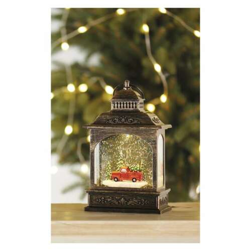 LED dekoráció – karácsonyi lámpás autóval, 21 cm, 3x AA, beltéri, meleg fehér, időzítő