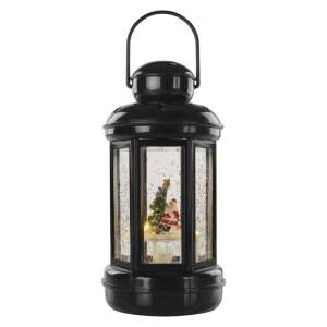 Čierna vianočná lampa so Santa Clausom a vianočným stromčekom vo vnútri, LED svetlá, 20 cm, batériový pohon - Vianočné dekorácie