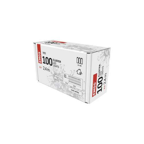 EMOS 100 LED-owe lampki w klastry, 2,4 m, zimna biel, zasilane bateriami
