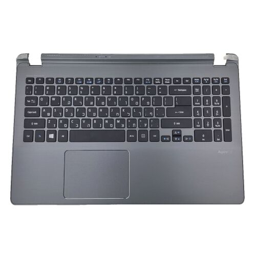 Felülnézet az Acer Aspire V5/V7 szürke fedlapjáról héber QWERTY billentyűzettel és érintőpaddal, eredeti cserealkatrész - Laptop billentyűzet