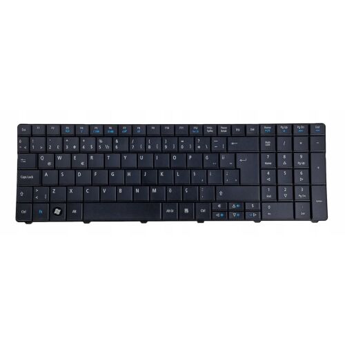 Acer Aspire E1 sorozatú török QWERTY laptop billentyűzet, fekete, kék funkciógombokkal, felülnézet - Laptop billentyűzet