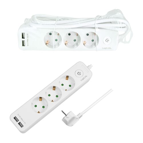 LogiLink LPS248U fehér elosztó 3 CEE 7/3 aljzattal és 2 USB-A porttal, műanyag csomagolásban és kicsomagolva, sarokdugóval, kollázs - Elosztó