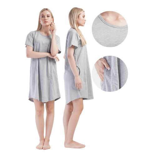 Vienetta női 1XL szürke pamut rövid ujjú hálóing, elölnézet és oldalnézet, közelképek a nyakkivágásról és zseb részletről, elegáns bő fazon - Női hálóruha