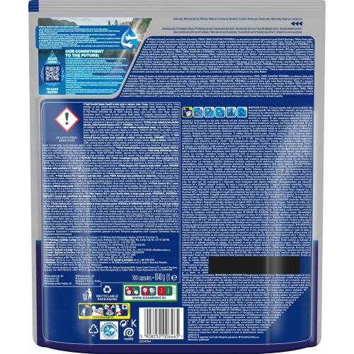 Finish Quantum All-in-1 Citrom 100 darabos mosogatógép kapszula csomagolásának hátoldala, termékinformációkkal és fenntarthatósági törekvésekkel - Mosogatógép tabletta