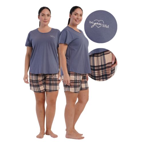 Vienetta Női 2XL pamut rövid ujjú pizsama szett, két modell elölnézetben és oldalnézetben, hímzés és anyag közeli felvételekkel - Női pizsama