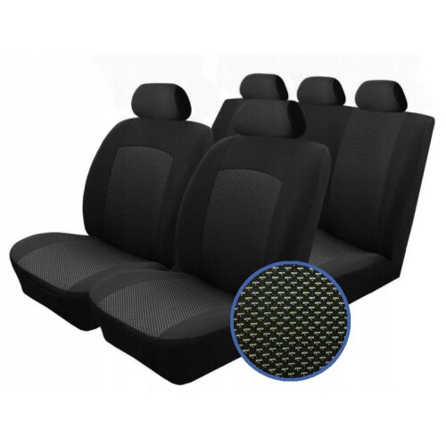 Komplett méretpontos fekete jacquard autó üléshuzat készlet KIA CEED I HB 2006-2012-hez, első és hátsó ülések fejtámlákkal, jacquard szövetminta közeli képével - Autó üléshuzat