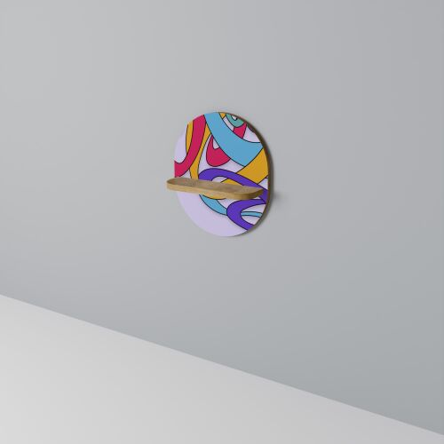 COLOR STREAM Ovális polc absztrakt színes mintával és fa polccal, szürke falon, ferde nézet - Fali polc