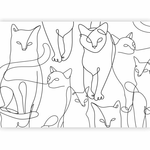 Közelkép a Falikép - Macska lineart tapétáról, minimalista fekete macska vázlatokkal fehér alapon - Otthon és kert