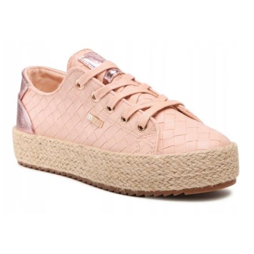 Big Star JJ274398 női rózsaszín fűzős espadrillák, elölről 3/4 nézetben, alkalmi nyári platform cipő fonott textúrával - Női lábbeli