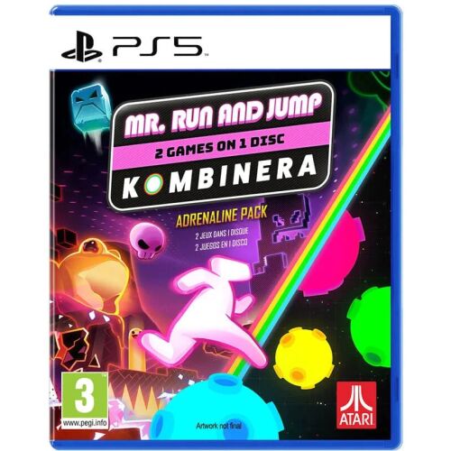 Mr. Run & Jump + Adrenalin Kombinera PlayStation 5 játékborító, élénk absztrakt grafikával, karakterekkel, logókkal és PEGI 3 besorolással, 2 játék 1 lemezen - Konzol játék