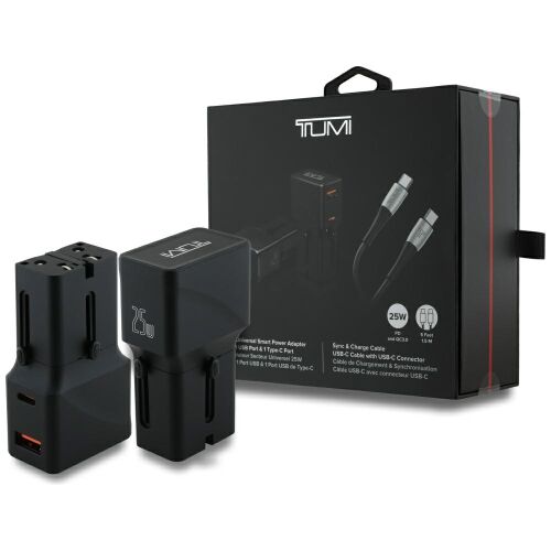 Töltő TUMI utazó adapter 25W USB-C / USB-A + USB-C/USB-C kábel fekete 171455612 - Töltő, töltőkábel és egyéb kábel