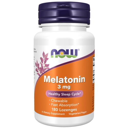 NOW Melatonin 3 mg 180 pasztilla flakon az egészséges alvási ciklusért, rágótabletta, gyors felszívódású, vegetáriánus/vegán étrend-kiegészítő fehér háttéren. - Now Foods