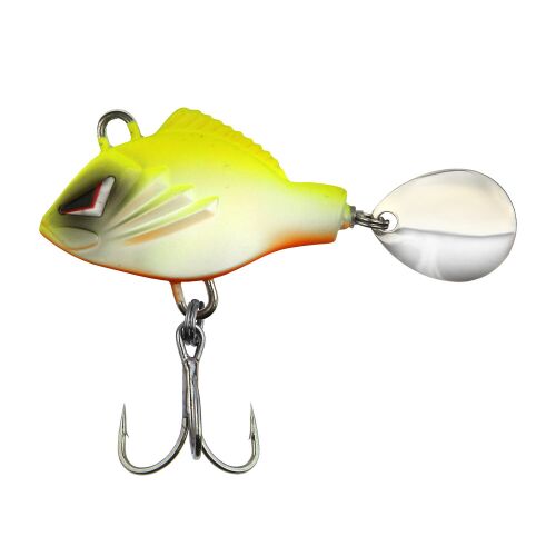 REIVA Jigging Spinner 28g fehér hal színben, ferde nézet fehér háttéren, spinnerrel és hármashoroggal - Körforgó és támolygó villantó