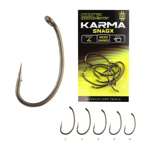 CARP ACADEMY KARMA SnagX pontyhorgok 2-es méret, 10 db/cs, mikro szakállas, csomagolással és különböző méretekkel bemutatva pontyhorgászathoz - Feeder és pontyozó horog