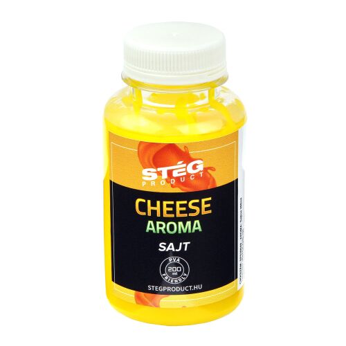 Stég Aroma 200ml Sajt folyékony horgász attraktor, sárga flakon elölnézete fehér kupakkal és fekete címkével fehér háttéren - Etetőanyag aroma