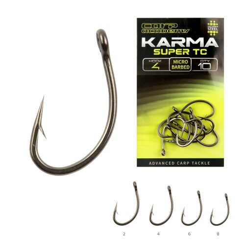 CARP ACADEMY KARMA Super TC mikro szakállas pontyhorog 2-es méretben, csomagolással és különböző horogméretekkel pontyhorgászathoz - Feeder és pontyozó horog