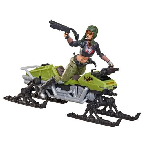G.I. Joe Classified Series Zanya Dreadnok Chameleon akciófigura a Swamp Skater járművön ülve, puskával a kezében, fehér háttér előtt - Mesehős figura
