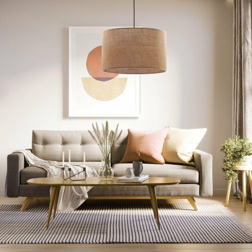 Jute 6582 TK Lighting függeszték egy modern nappali berendezés fölött, kanapéval, dohányzóasztallal és absztrakt művészettel - Függeszték