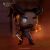 Funko Pop Wyll figura a Baldur's Gate 3-ból, drámai, megvilágított környezetben, Baldur's Gate logóval, szarvakat, vörös szemet, kardot és tűzhatást mutatva