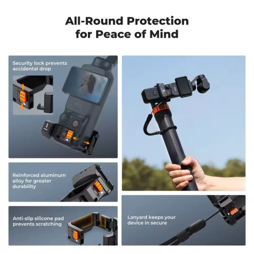 K&F Concept DJI Osmo Pocket 4 alumínium bővítőkeret különböző használati esetekben, kiemelve az átfogó védelmi funkciókat, mint a biztonsági zár, megerősített alumíniumötvözet, csúszásgátló szilikon betét és zsinór. - Akciókamera kiegészítő