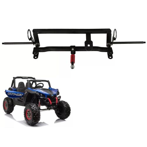 Első tengely XMX603 Buggy elektromos játékjárműhöz, fekete fém váz piros rugós lengéscsillapítóval, kék XMX603 Buggy jármű felett ábrázolva - Gyerekjármű kiegészítő