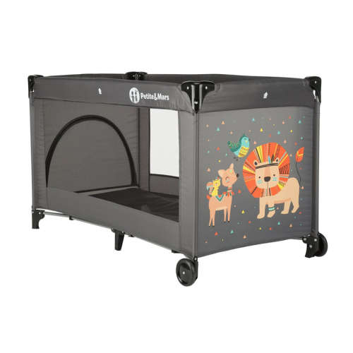 Petite&Mars travel cot with wheels, grey, lion design