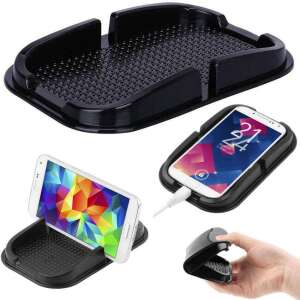 Czarny uniwersalny stojak na telefon i tablet z antypoślizgową podstawą, pokazujący różne kąty i przykłady zastosowania - Biurkowy uchwyt na telefon