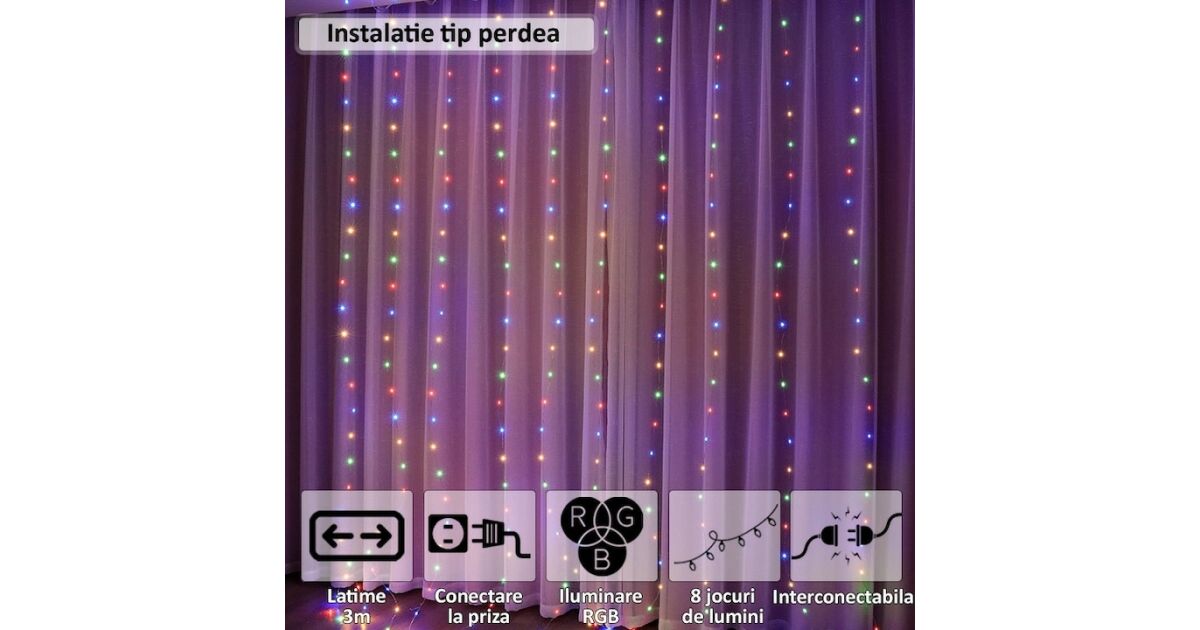 NEXTLY függöny típusú karácsonyi díszvilágítás, összekapcsolható, RGB LED-es világítás, 8 fényeffekt, beltéri használatra/ajtóra/ablakra/falra, konnektoros csatlakozás, 3x2 m, 151-14, többszínű 171786828