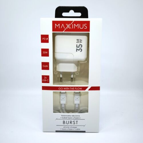 Rendelés. hálózat. MX Burst GaN PD 35W, 2xUSB-C+PD kábel 65W C/C, FEHÉR/FEHÉR 171991058 - Telefontöltő
