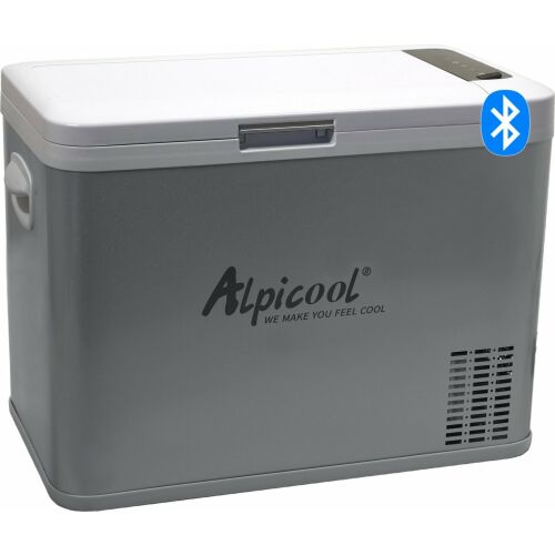 SILVER FROST 35L kompresszoros hűtőláda, 12/24/230V, ezüst kivitelben, Alpicoool márkajelzéssel és Bluetooth ikonnal, bemutatva a kompakt és hordozható dizájnt - Konyha és étkezés
