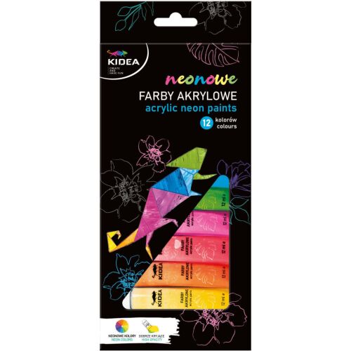 Akrilfesték készlet, 12 db-os, 12x12ml, neon, Kidea