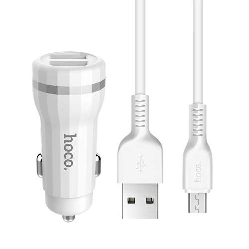 Încărcător auto Hoco Z27 cu două porturi USB și cablu micro USB, alb