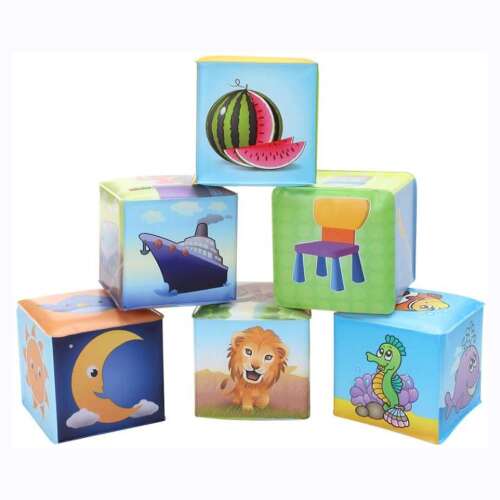 Set de 6 blocuri moi de construcție pentru bebeluși cu diverse imagini cu animale, obiecte și vehicule, perfect pentru timpul de baie