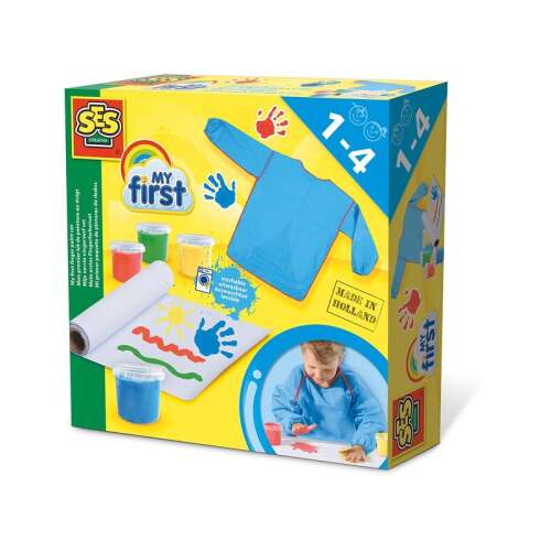 SES My First Finger Paint Set, 4 colors, apron, paper roll, finger painting for kids, ages 1-4