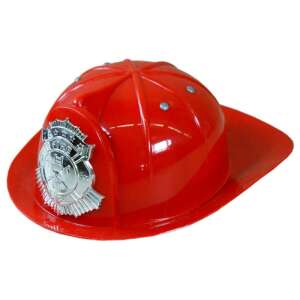 Red plastic firefighter helmet for kids costume, with silver badge - Costume for Kid