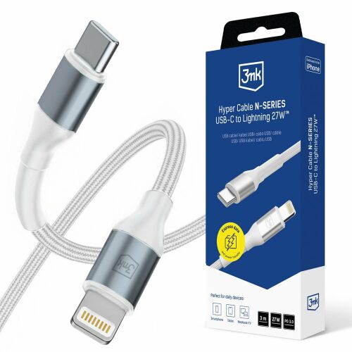 3mk Hyper Cable N-SZÉRIA USB-C / Lightning 3m PD 3.0 9V/3A 27W - fehér 174189429 - Lightning kábel