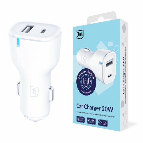 3mk Autós Töltő 20W PD3.0 QC 3.0 USB 1A1C - Fehér 174325202 - Autós töltő