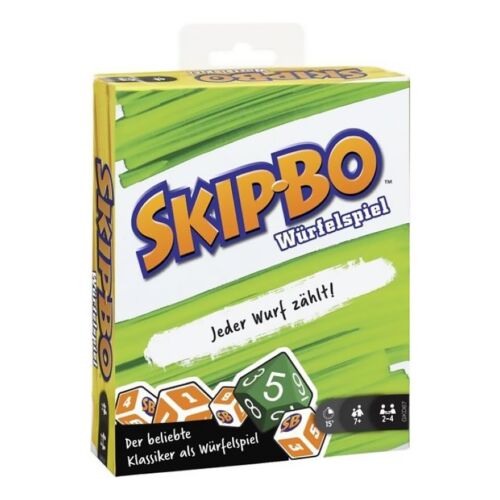 Skip-Bo Würfelspiel doboz, rajta a játék logója, kocka illusztrációk, és a német szöveg: 'Jeder Wurf zählt!' (Minden dobás számít!) és 'Der beliebte Klassiker als Würfelspiel' (A népszerű klasszikus kockajátékként), zöld-fehér háttérrel. - Kártyajáték