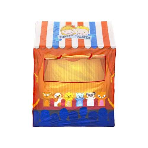 Puppet Theater Play Tent, Front View, Red and Blue, Animal Design, 95x70x128 cm